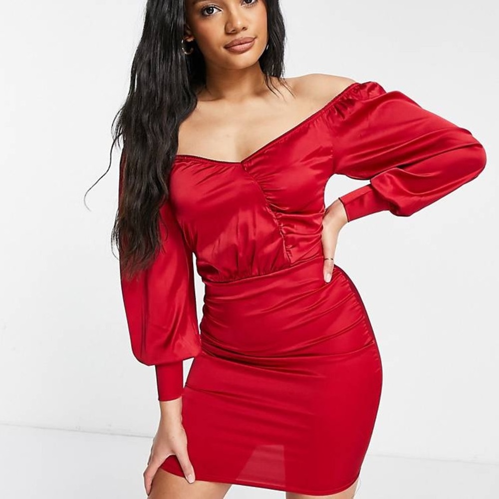 Femme Luxe satin wrap detail mini dress with volume sleeves in red